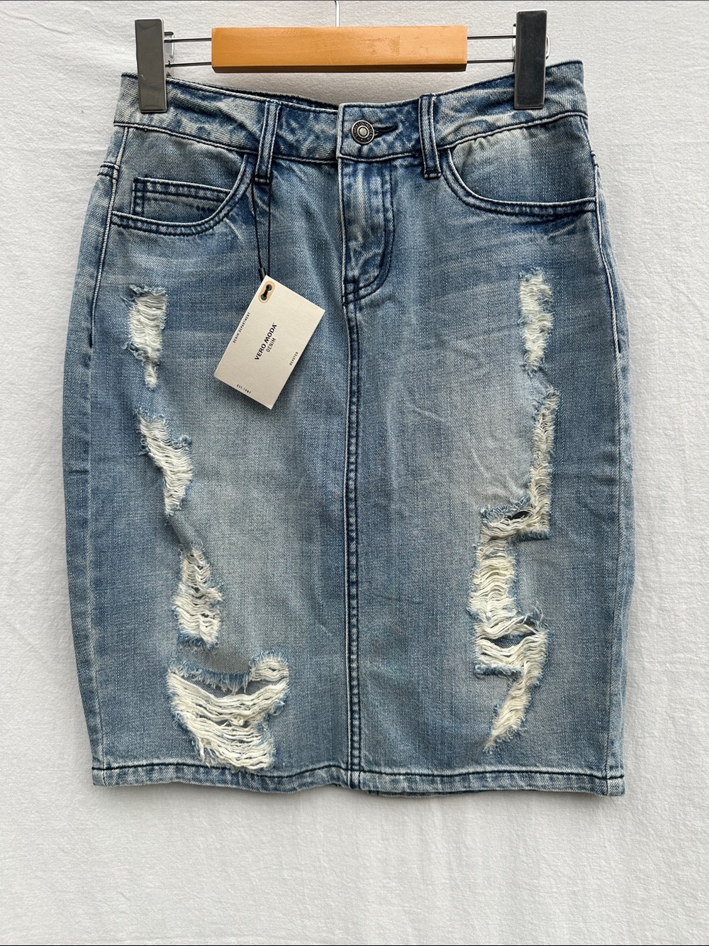 Vero Moda Distressed Blue Denim Jean Pencil Skirt